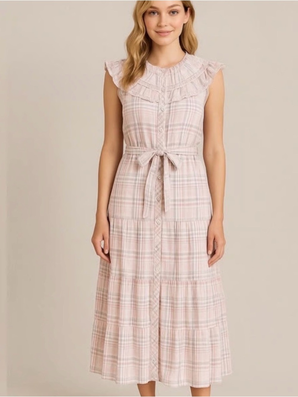 Adelyn Rae Sleeveless Pink Plaid Ruffle Midi Dress with Waist Tie, XS - Picture 2 of 10